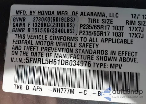2013 Honda Odyssey Ex-L z USA, uszkodzony, nr VIN 5FNRL5H61DB034976